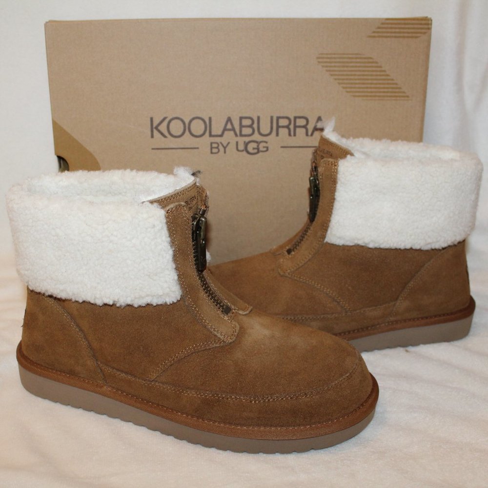 NIB UGG KOOLABURRA WOMEN'S SUEDE SHEARLING ANKLE FUR‎ CUFFED BOOTS CHESTNUT